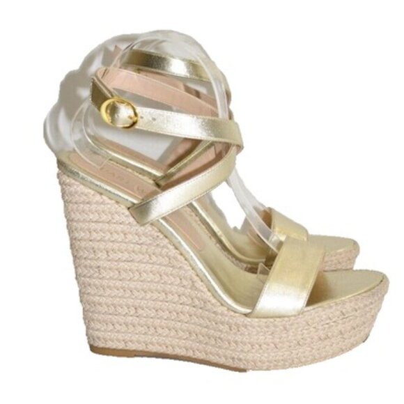 $550 Stuart Weitzman Alex Platform 5.5" Wedge WOVEN RAFFIA GOLD LEATHER 8 (DB12) - Picture 2 of 6